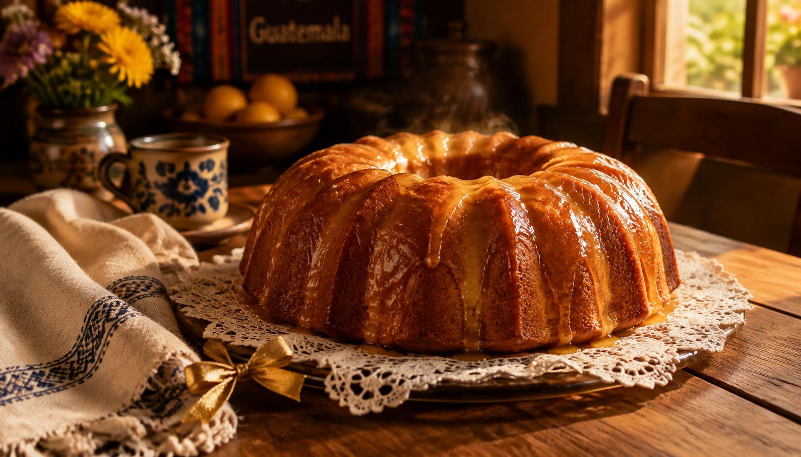 Golden glazed bundt cake on a lace doily, warm home kitchen light