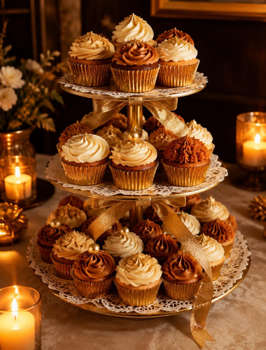 Tower of cream and gold frosted cupcakes with ribbon