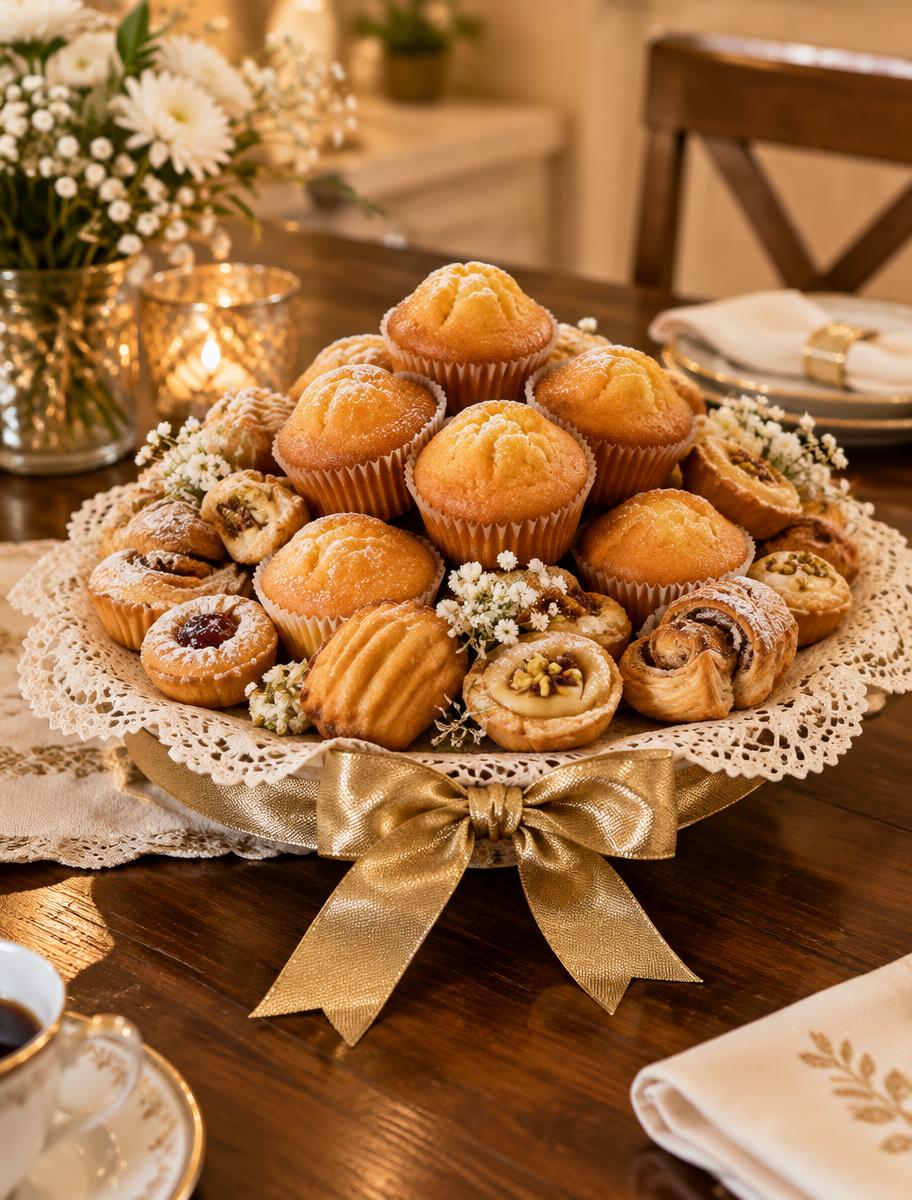 Dessert centerpiece of magdalenas and pastries with a gold ribbon